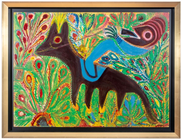 En abstrakt målning i många färger föreställande en häst.